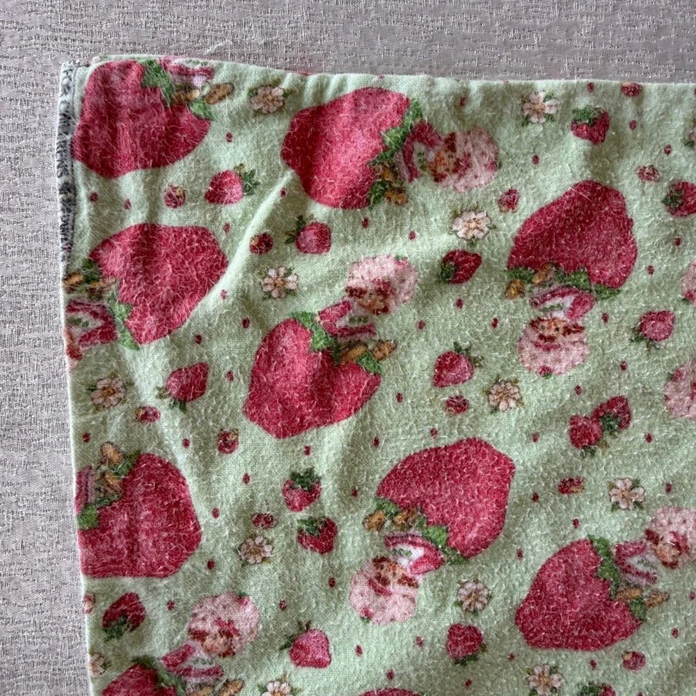 Vintage 2003 Strawberry Shortcake Green Flannel Blanket 43x32 Double Layer
